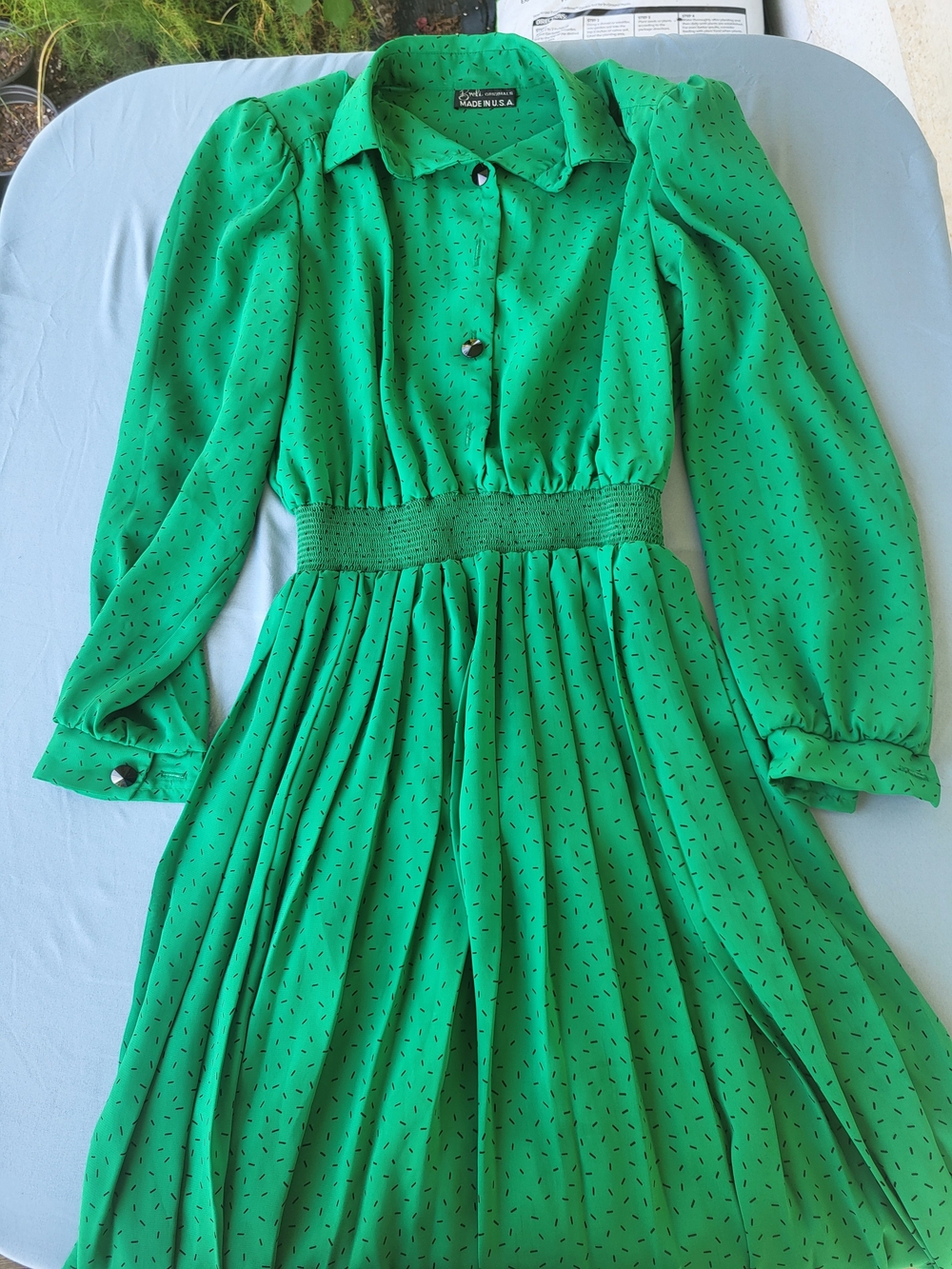 Vtg 70s 80s Breli Originals Green Abstract Print Accordion Pleat Midi Dress